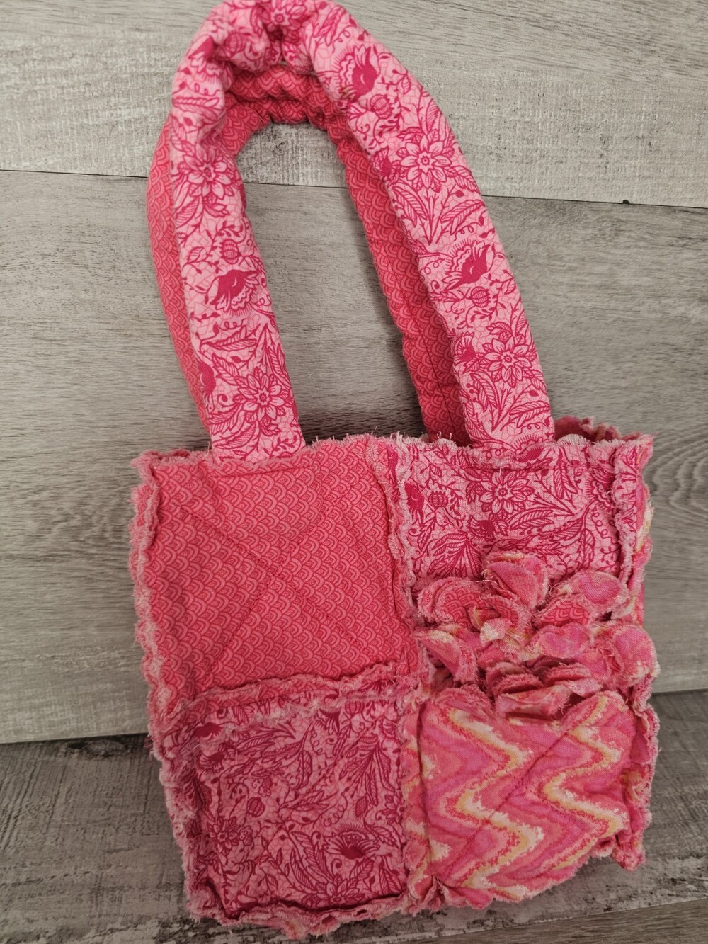 VTG Quilted Pink Cottage Small Tote Bag Floral w Flower Country Chic Boho #50